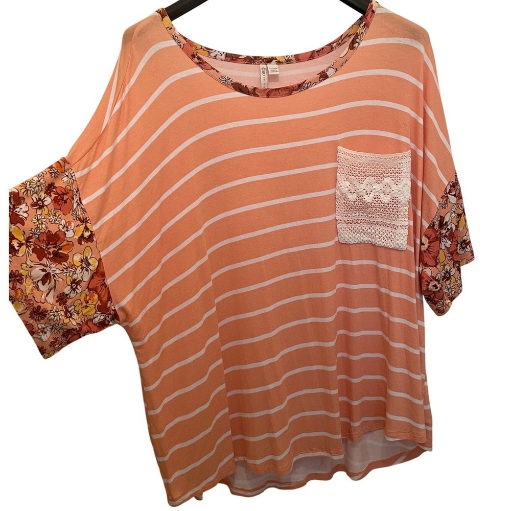 Cato Plus Size Peach White Stripe Floral Sleeve Lace Pocket Top 22 24W loose